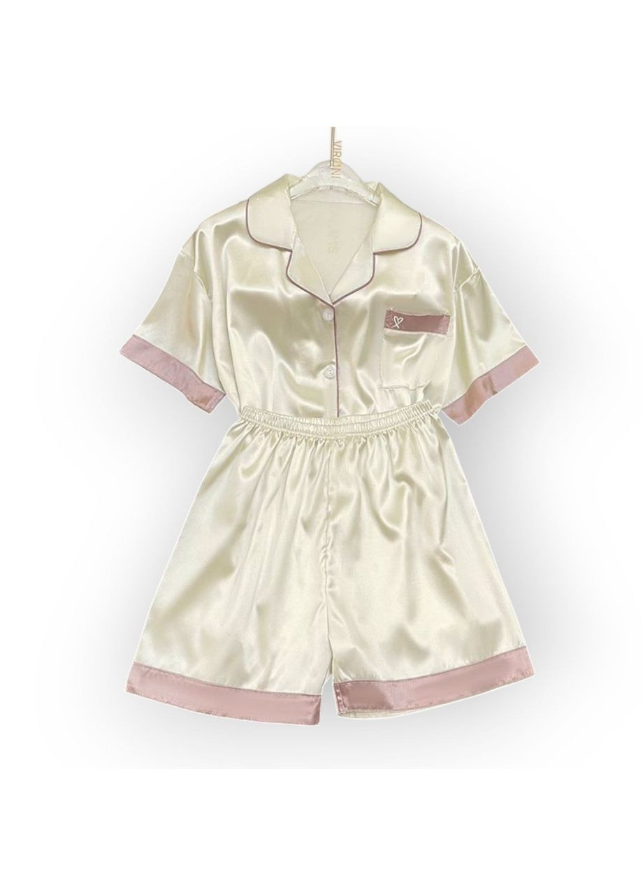 Біла всесезон піжама атласна жіноча класична прямого крою комплект шортики та теніска з яскравим кантом сорочка + шорти No Brand Піжама атласна в класичному стилі Sweetheart білий