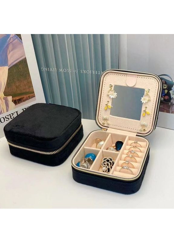 Дорожня оксамитова скринька із дзеркалом для зберігання ювелірних виробів, Чорного кольору. No Brand (325216349)