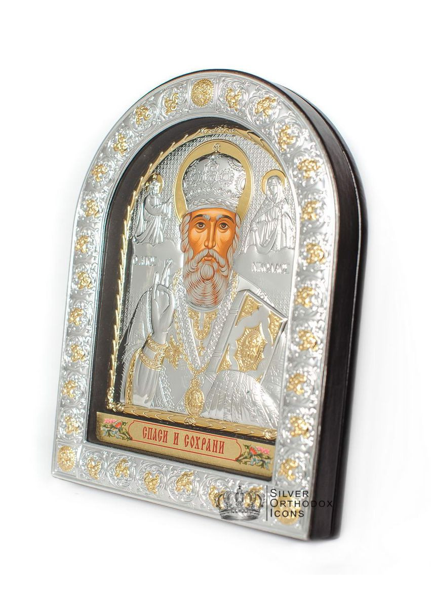 Серебряная Икона Святой Николай 12х15,5см в арочном киоте под стеклом Silver Axion (266266094)