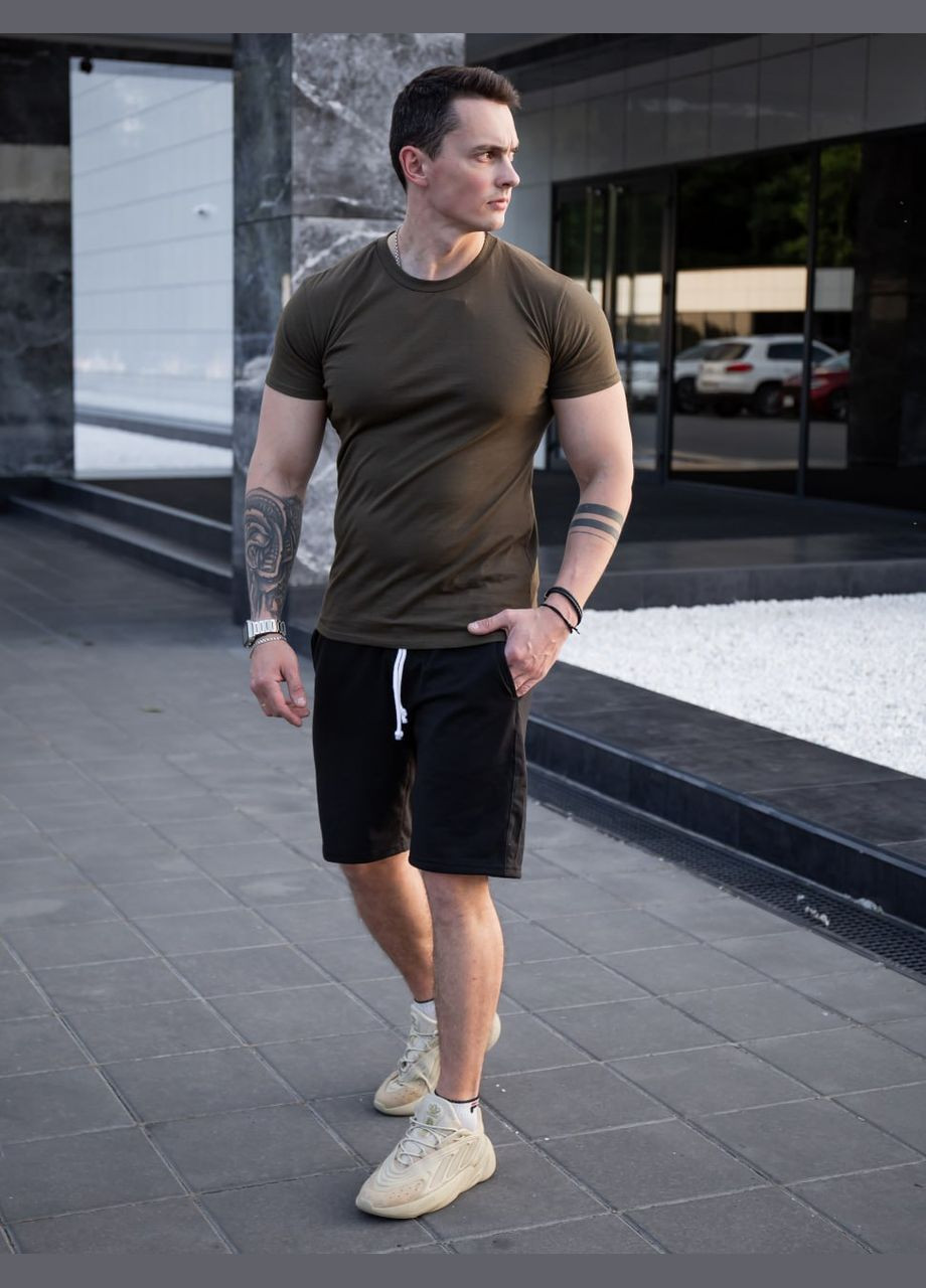 Оливковый (хаки) летний базовый летний хлопковый костюм с шортами Vakko