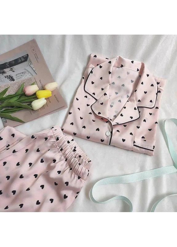 Светло-розовая всесезон женская комфортная пижама в милые сердечка "love morning", атласная брючная пижама для дома рубашка + брюки No Brand піжама в милі сердечка "Love morning" біло-рожевий