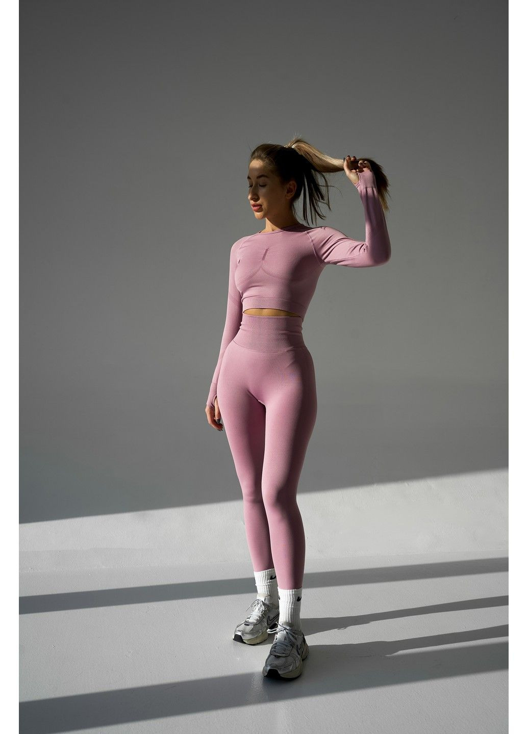 Спортивный костюм для фитнеса женский, комплект двойка - рашгард и лосины с пуш-ап, бесшовный, Classic, (бледно-розовый) FITCRUSH (338379784)
