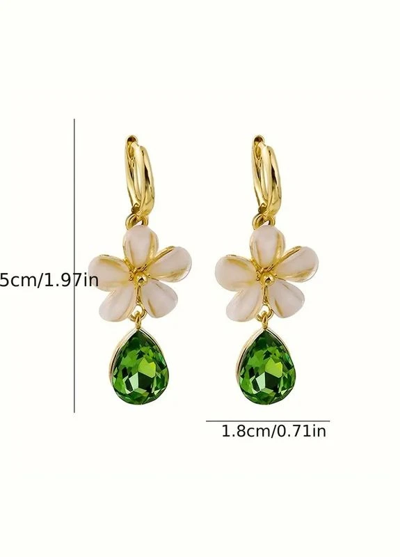 Золотистые серьги с подвеской белый цветок с зеленым кристаллом 5 см LuxAurum030 Liresmina Jewelry (334688257)