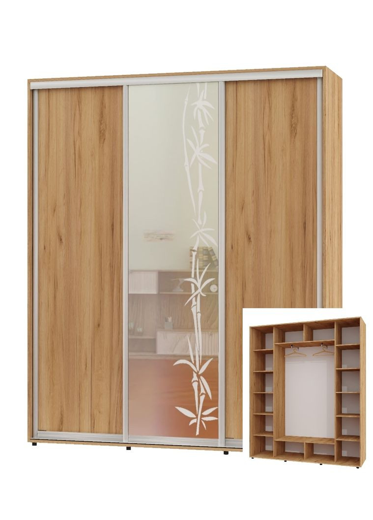 Шафа-купе тридверна 200*45*250 Дуб крафт золотий 2 ДСП/Дзеркало з піскострумним малюнком ШК-05 Алекса (360457738)