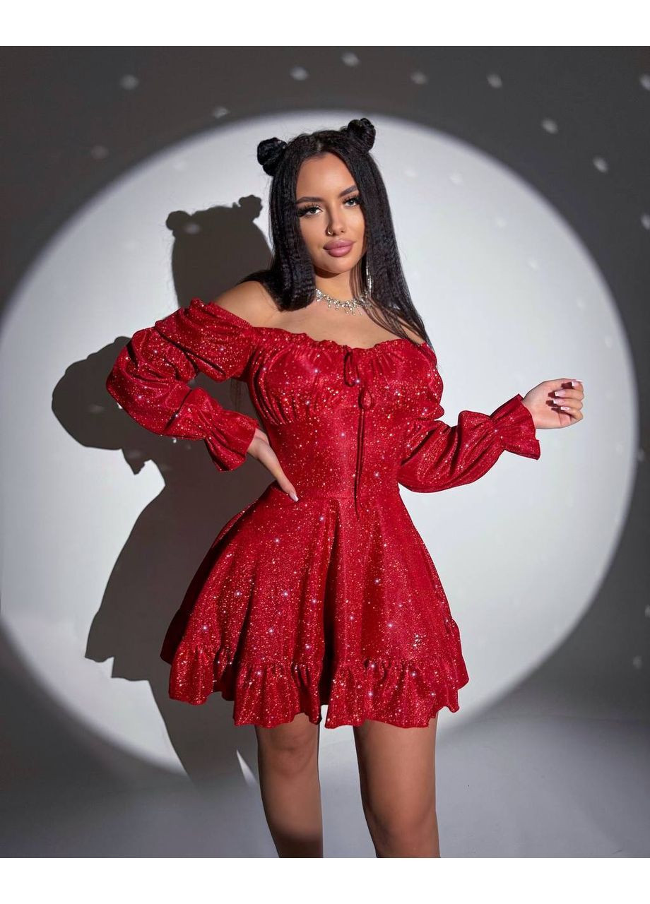 Червона сукня 655 люрекс північне сяйво,спинка на блискавці потаємній,рукава довгі Україна