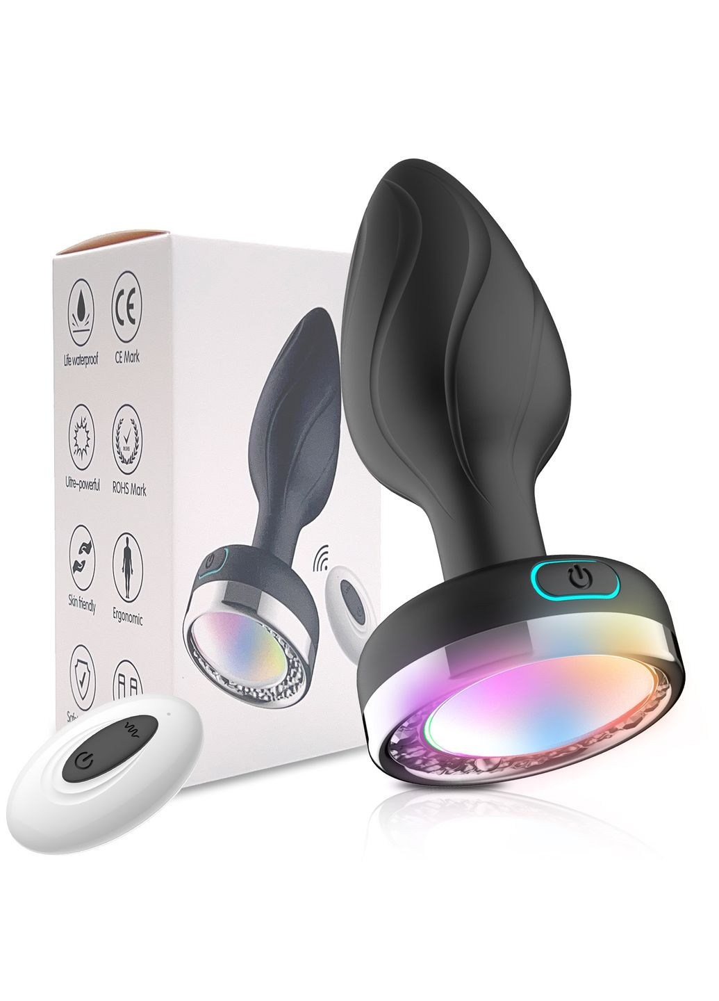 Анальный вибромассажер черный с подсветкой и дистанционным управлением, 10 см No Brand (315725449)