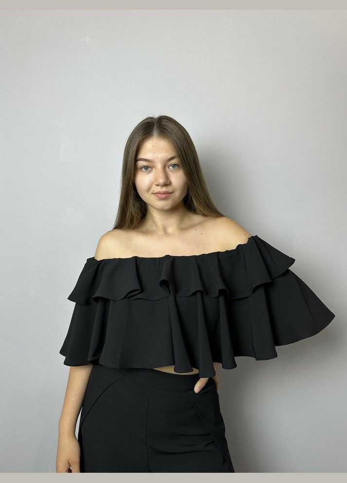 Чёрная топ женский с воланами черный mktrg3609-1 Modna KAZKA