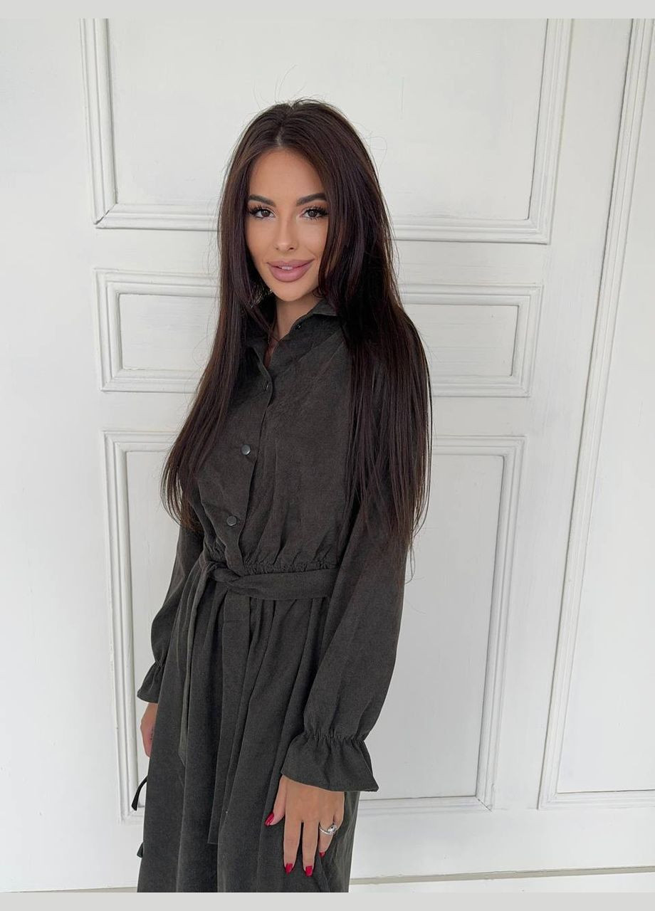 Оливкова (хакі) кежуал сукня з вельвету No Brand однотонна