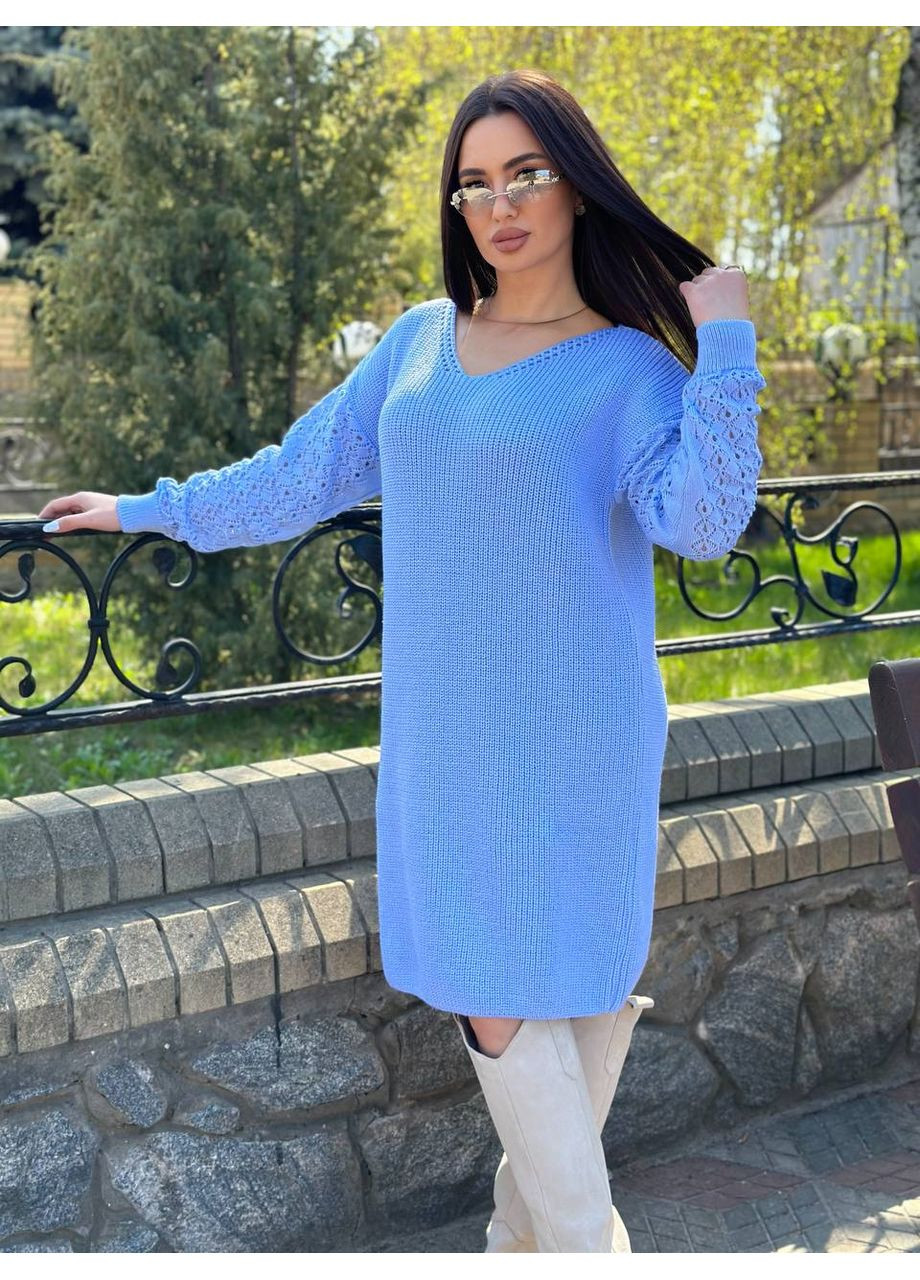 Блакитна жіноча тепла шерстяна вязана сукня ася з вирізом та узорами на рукавах блакитна You Best
