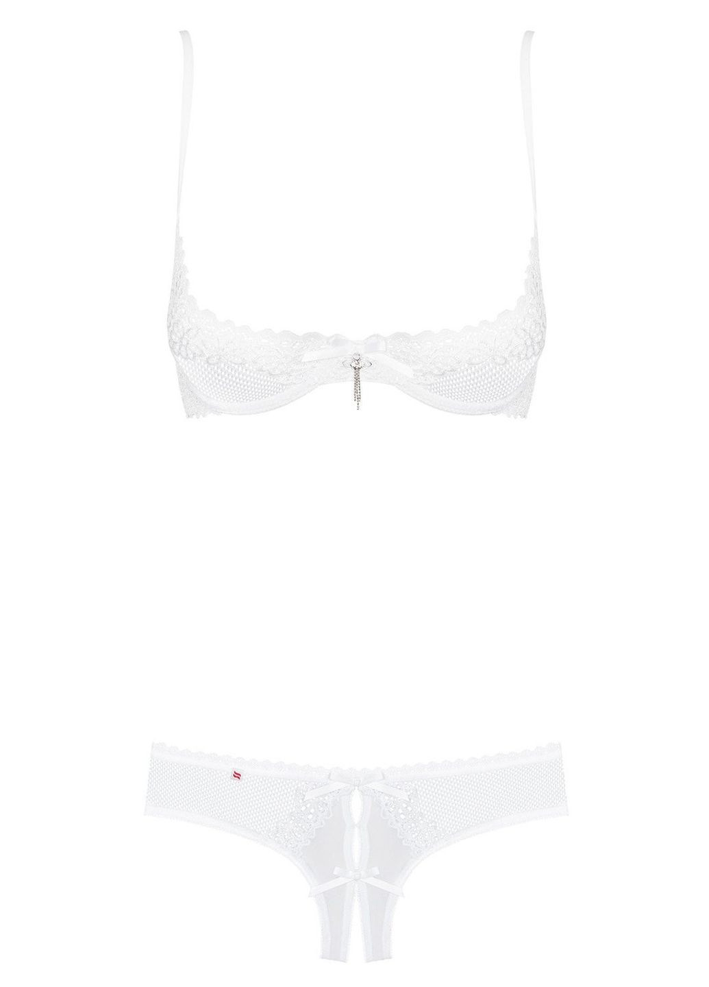 Білий демісезонний комплект з відкритим бюстом і трусиками alabastra set Obsessive