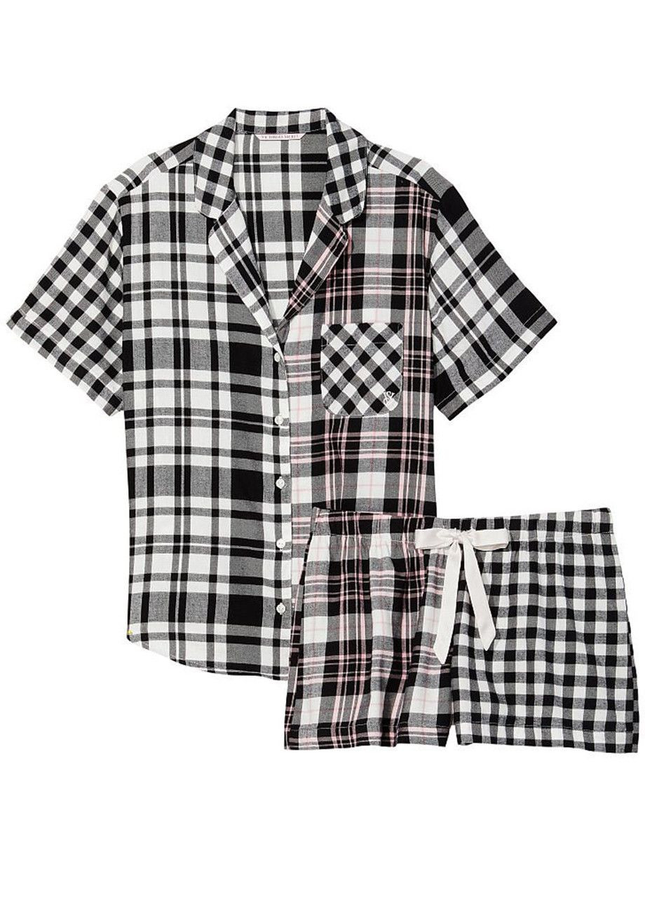 Белая всесезон женская пижама (шорты+рубашка) flannel short pajama set m чернобелая Victoria's Secret
