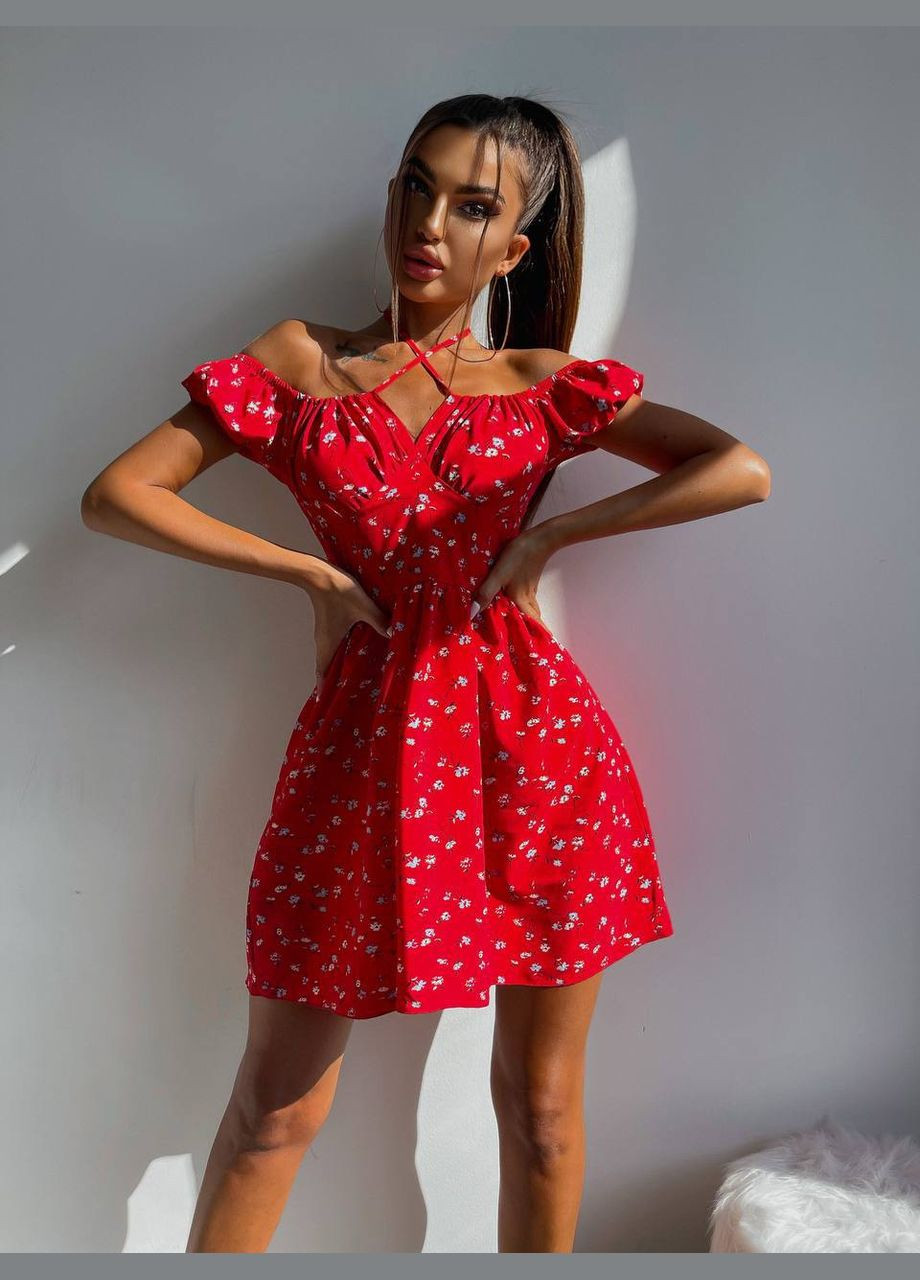 Красное женское платье софт No Brand с цветочным принтом