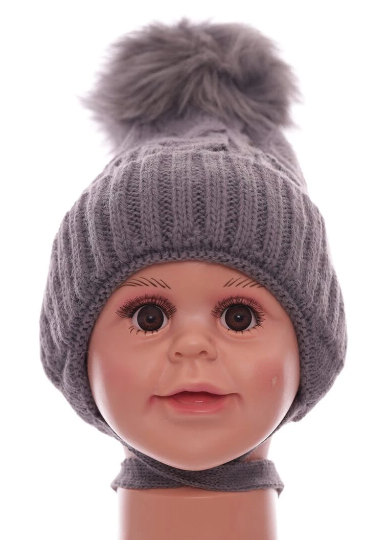 Шапка на зав'язках на флісі з бубоном сіра 9м+ (54453) BABYKROHA (386824461)