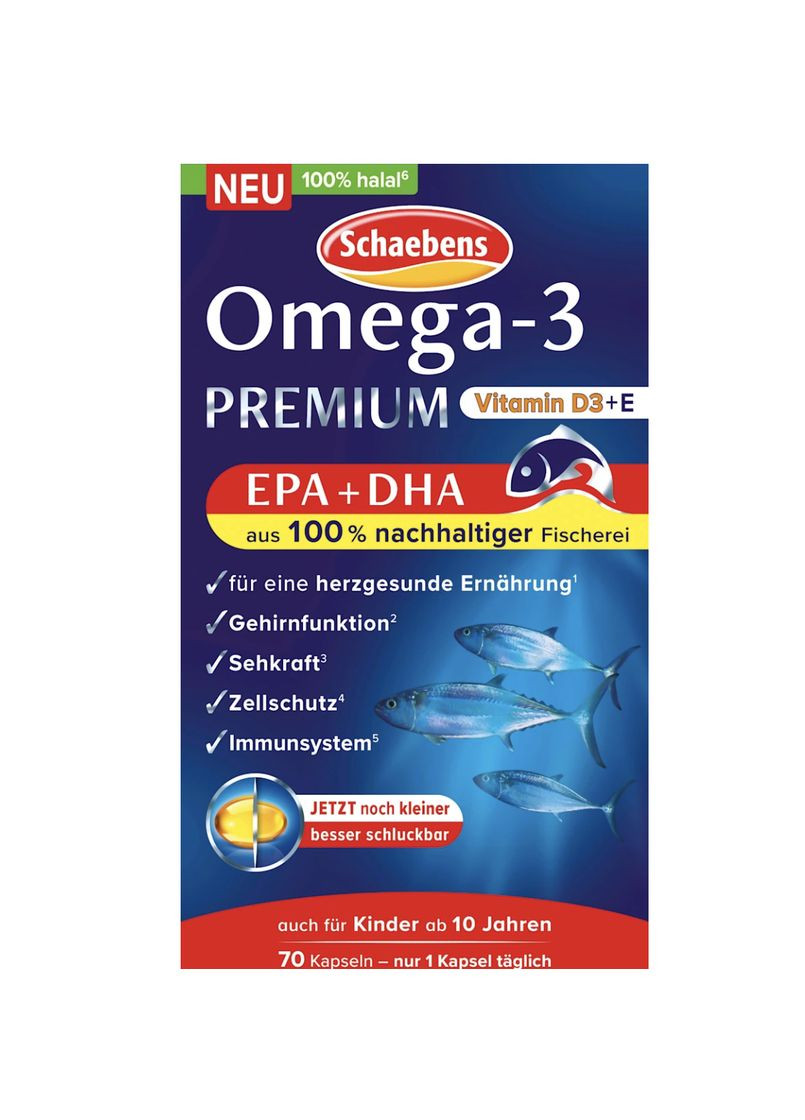 Омега 3 рибячий жир від 10 років Omega-3 Premium Fischöl Kapseln 70 шт 40 г schaebens (366569376)