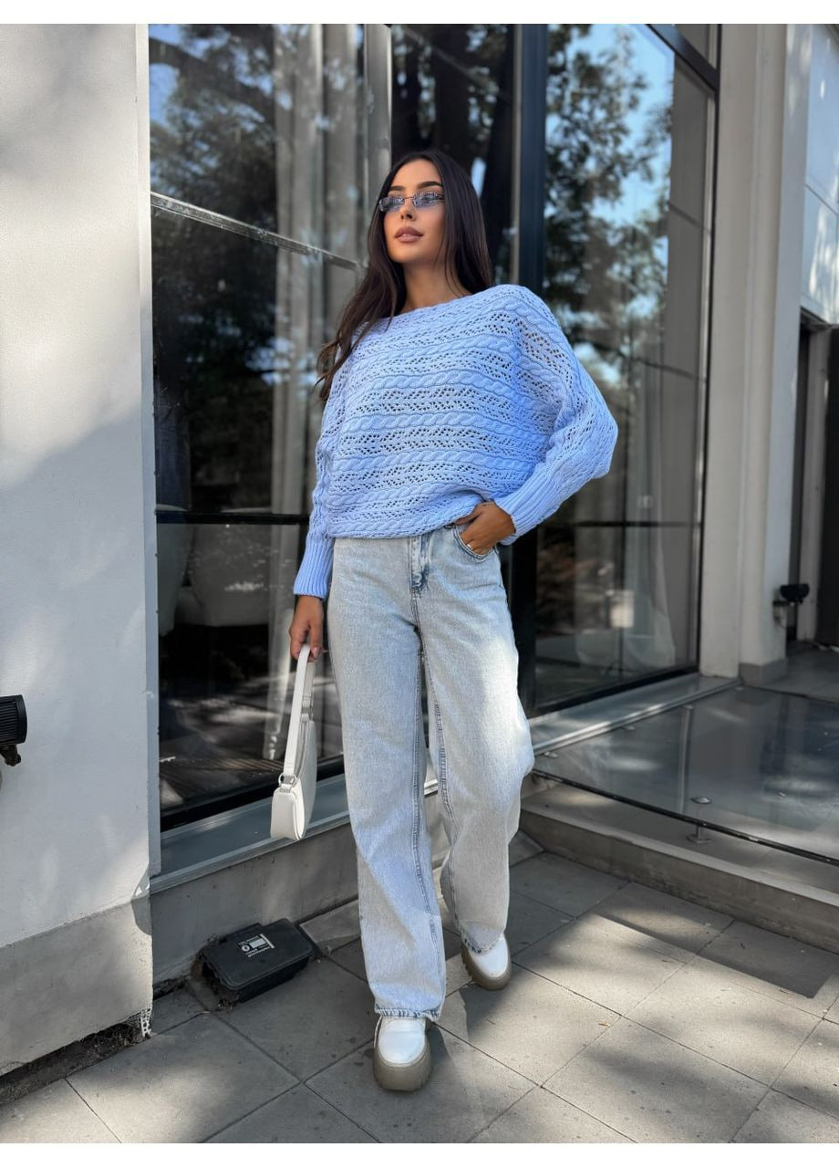 Блакитний демісезонний жіночий в’язаний светр з ажурним візерунком джемпер No Brand
