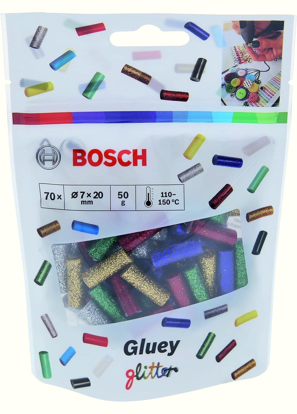 Клеевые стержни Gluey 2608002006 (7х20 мм, 70 шт) блестящие цветные для клеевых пистолетов (23358) Bosch (265535171)
