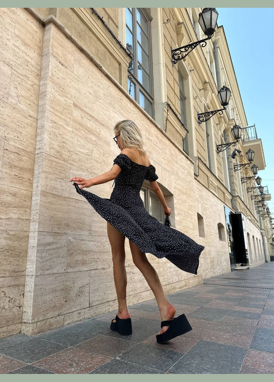 Черное праздничный, коктейльное, пляжное, откровенный, повседневный, кэжуал женское платье с открытыми плечами FINO Mode в горошек