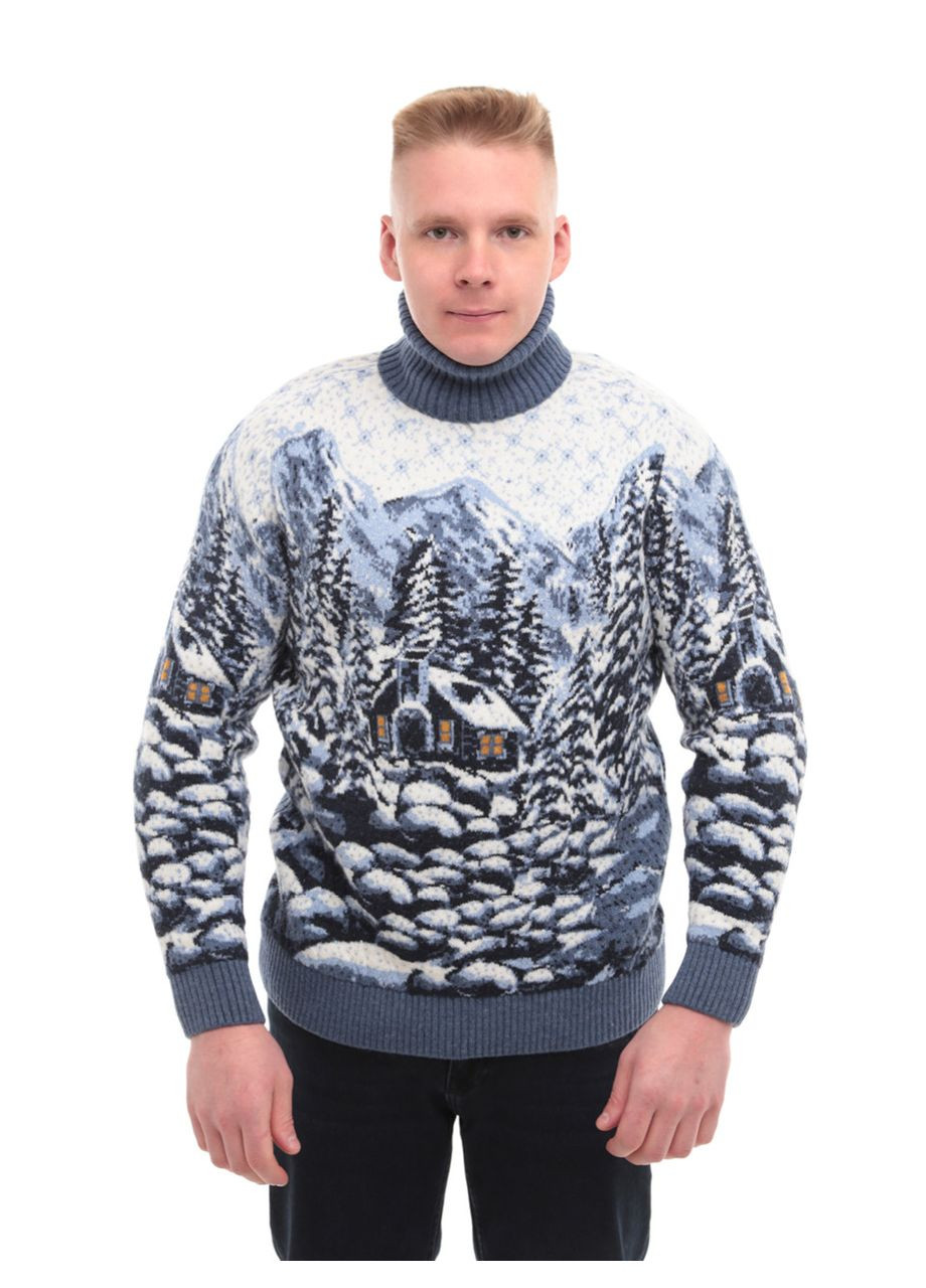 Синій зимовий светр чоловічий зимовий з будиночками синій воріт джемпер Pulltonic Пряма