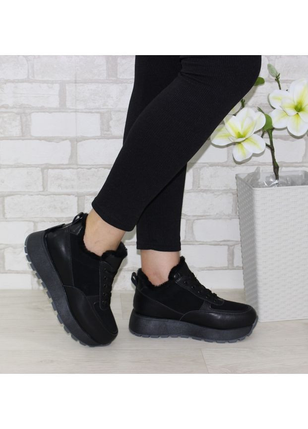 Кожаные женские кроссовки на зиму с натуральной шерстью внутри Fashion чёрные зима (370877876)