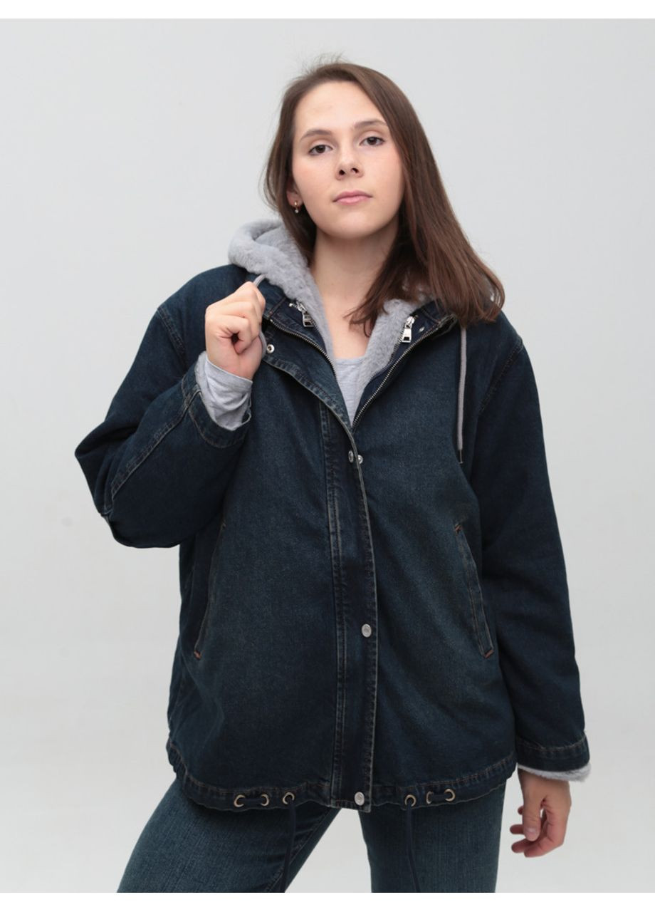 Темно-синяя зимняя куртка женская джинсовая с мехом внутри синяя большой размер Whitney Вільна