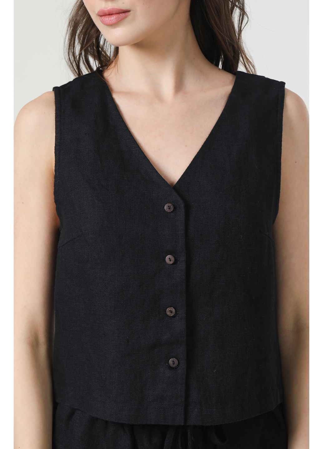 Мінімалістична жіноча лляна жилетка на ґудзиках з трикутним вирізом без підкладки Грація., р., код 90003/42/101 ГАЛЕРЕЯ ЛЬОНУ (369667886)