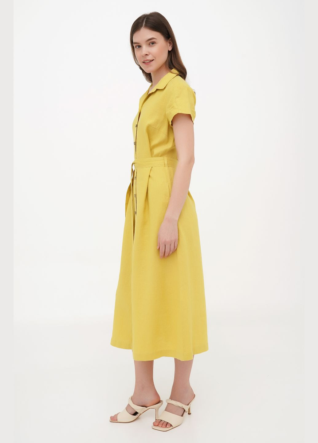 Жовтий сучасна міді сукня-халат з льону на ґудзиках з комірцем та поясом джейн., р., код 0455/42/603 ГАЛЕРЕЯ ЛЬОНУ
