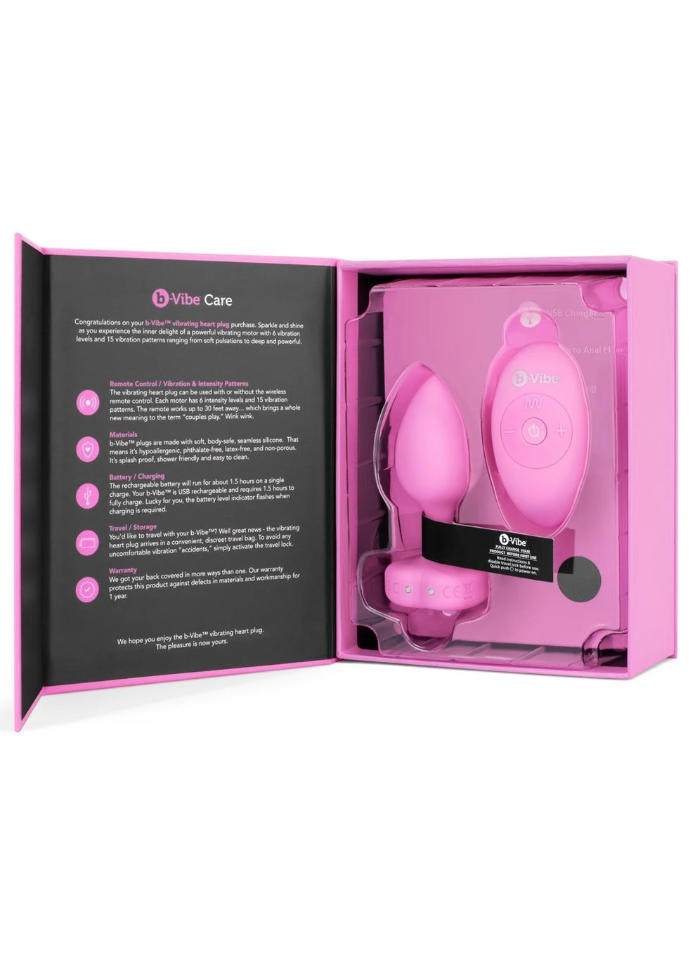 Анальна пробка з вібрацією та пультом керування Vibrating Heart Plug S/M рожева - CherryLove B-Vibe (293819445)