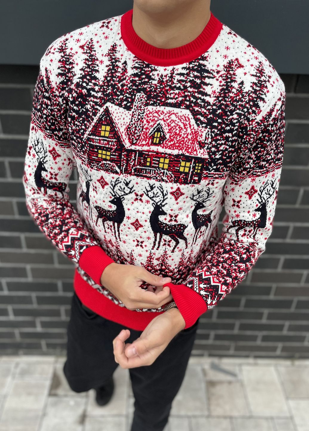 Червоний зимовий чоловічий новорічний светр з оленями "big house" білий, під шию джемпер No Brand