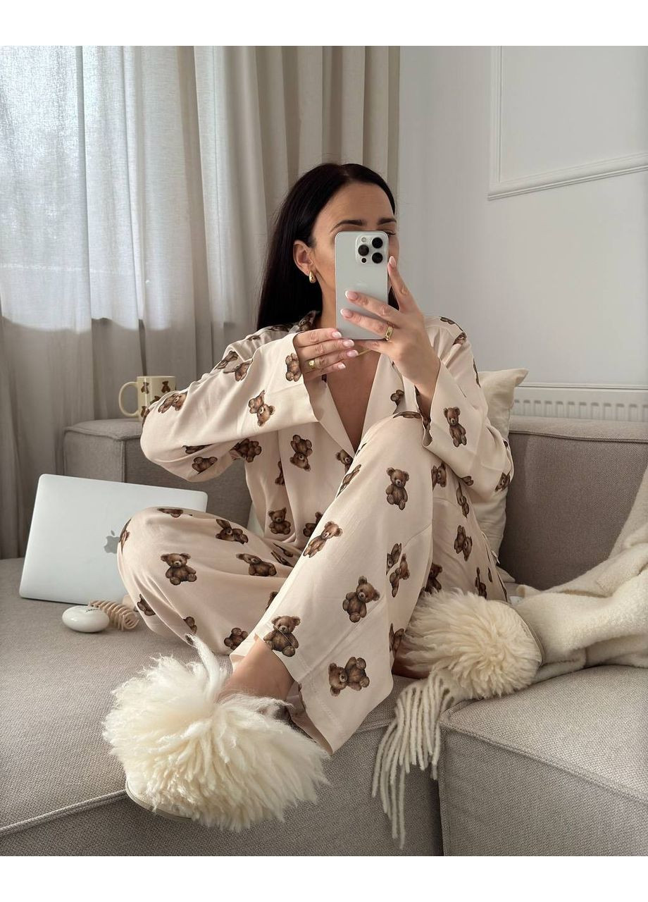 Молочная всесезон женская пижама с мишками рубашка + брюки No Brand