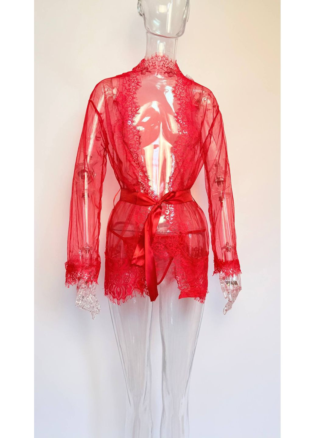 Халат полупрозрачный короткий с кружевом соблазнительный трусики в комплекте цвет белый No Brand Сабріна (322649011)