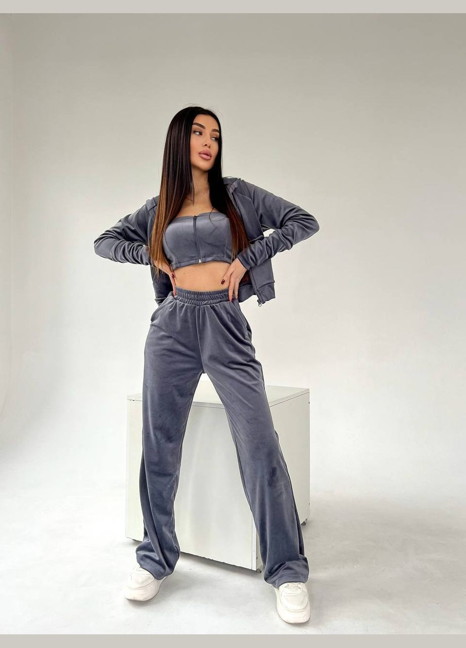 Елегантний графітовий костюм трійка з плюшевого велюру, дуже м'який, теплий і приємний до тіла костюм 3-ка (топ+кофта+штани) No Brand 671-4 (301842366)