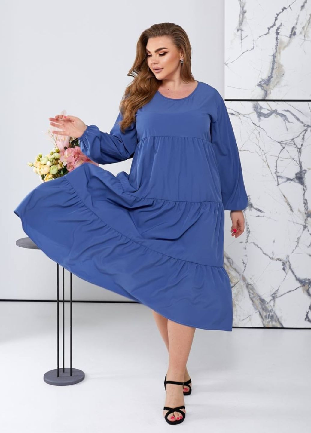 Синее повседневный свободное женское платье с длинным рукавом No Brand однотонное