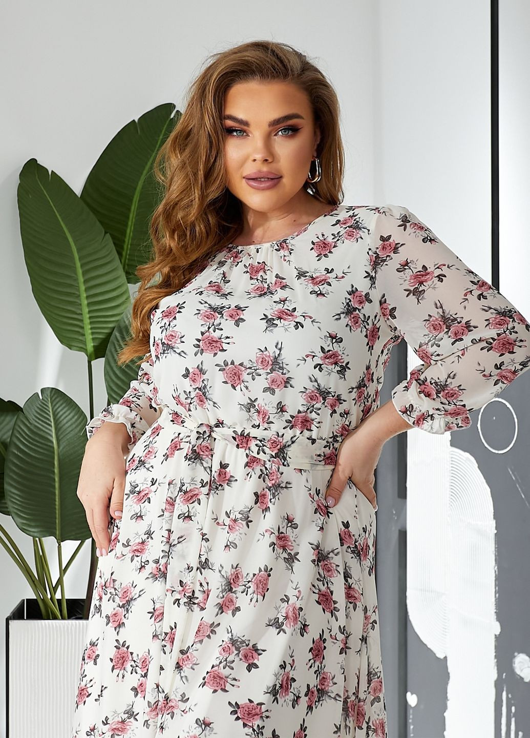 Молочна повсякденний, кежуал шифонова сукня з довгими рукавами кльош, дзвін No Brand з квітковим принтом