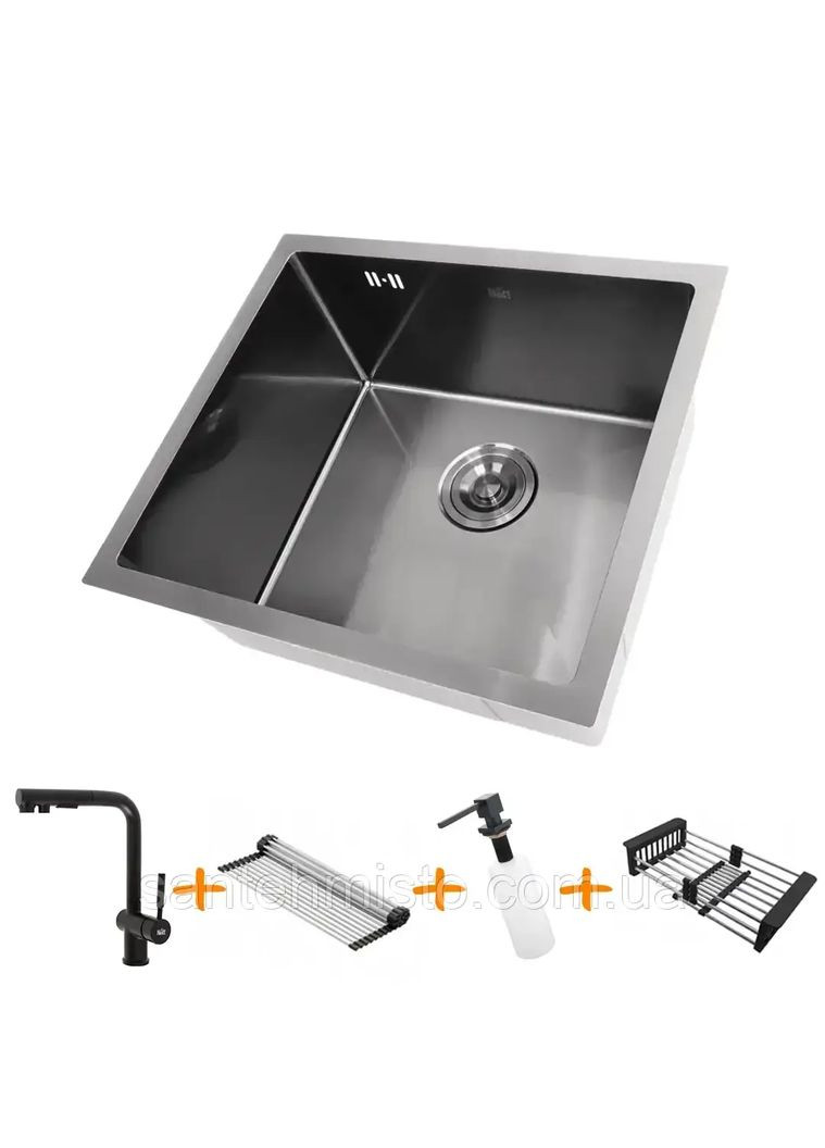 Комплект чорної мийки на кухню та змішувача з нержавіючої сталі NB-5045 Nett (336935093)