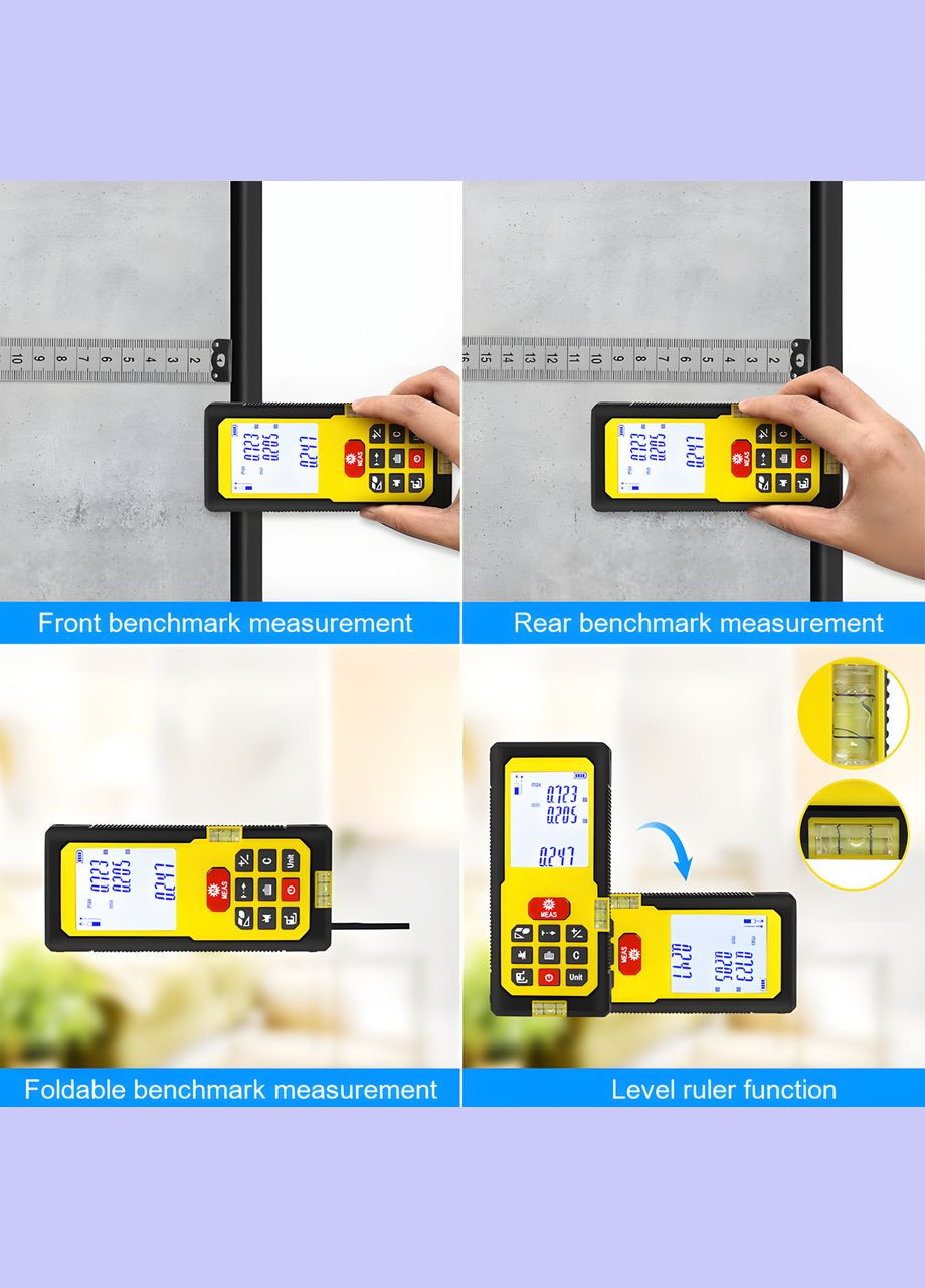 Лазерный дальномер 50 м с точным измерением расстояния площади и объема на батарейках жёлтый No Brand (335379122)
