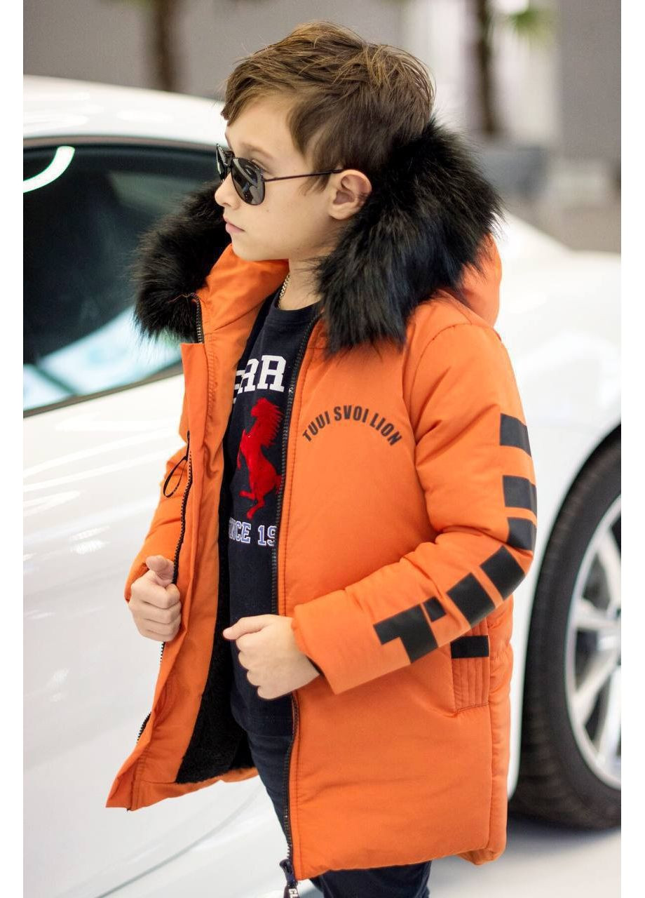 Помаранчева зимня дуже тепла зимова куртка для хлопчиків і дівчаток з хутряною підкладкою — заміри в описі куртка-пальто DK/DL Мода без кордонів