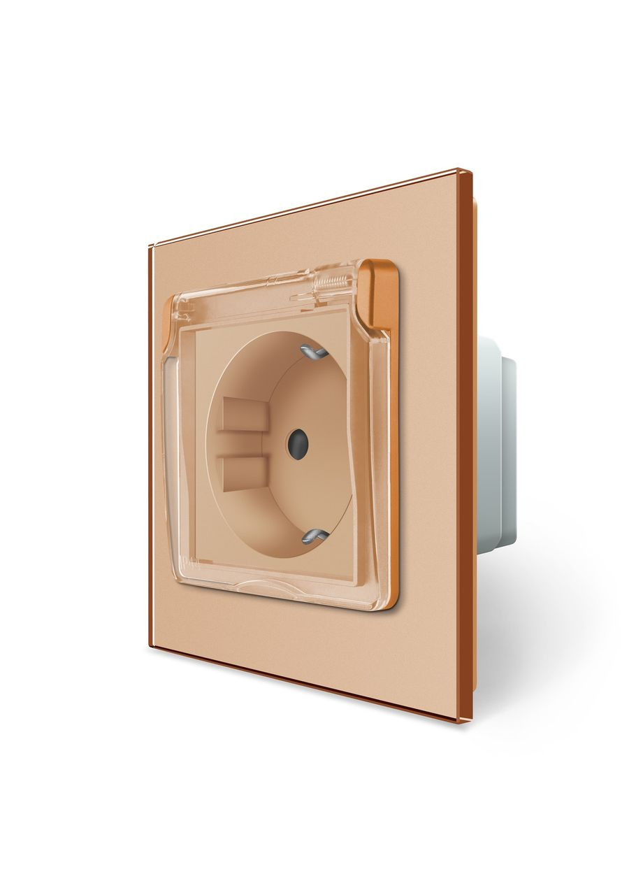 Електрична розетка вологозахисна з кришкою IP44 з заземленням,, золота, скляна рамка, шторки, 250В 16А (VL-C7C1EUWF-13) Livolo (370972006)