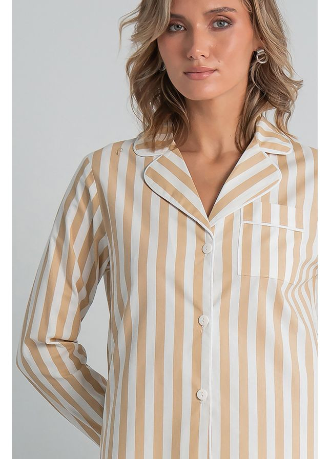 Бежева всесезон піжамний бавовняний костюм lines сорочка + брюки Forly