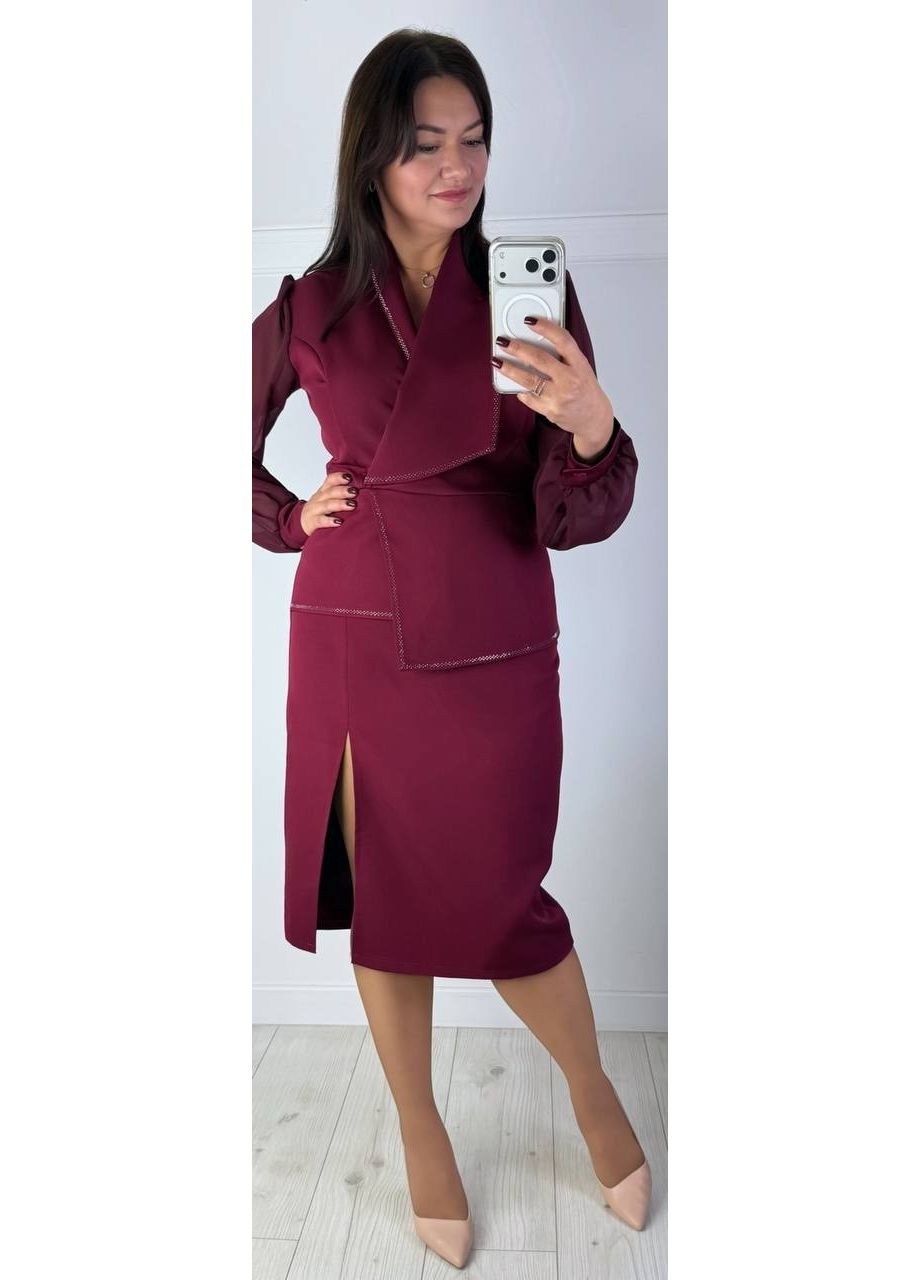 Бордовое праздничный платье из креп-костюмки и шифона с термокамнями — замеры в описании силуэтная GD/GL Модний простір однотонное