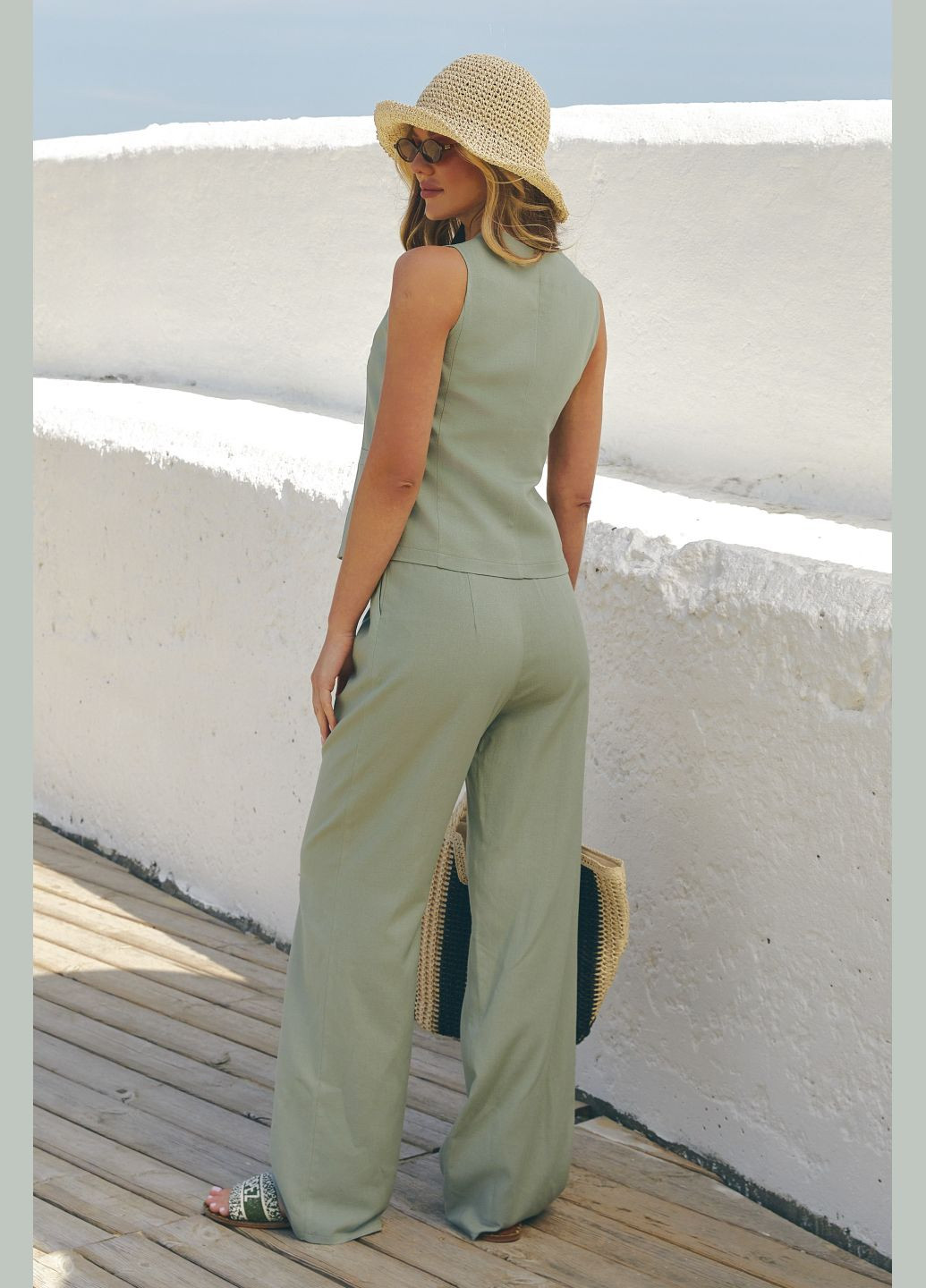 Штани жіночі з високою посадкою літні на блискавці з кишенями та резинкою на поясі вільного крою льон котон ST-Seventeen (333602570)