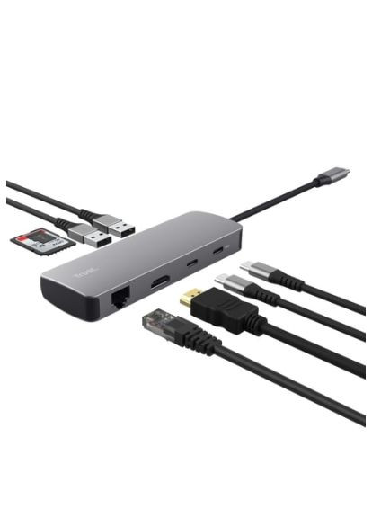 Концентратор USB-C 8-in1 1xUSB-А 3.2/USB-A 2.0/2xUSB-С/HDMI/Ehernet/SD/microSD aluminium 0.15m grey (25672_TRUST) Trust USB-C 8-in1 1xUSB-А 3.2/USB-A 2.0/2xUSB-С/HDMI/Ehe (366646874)