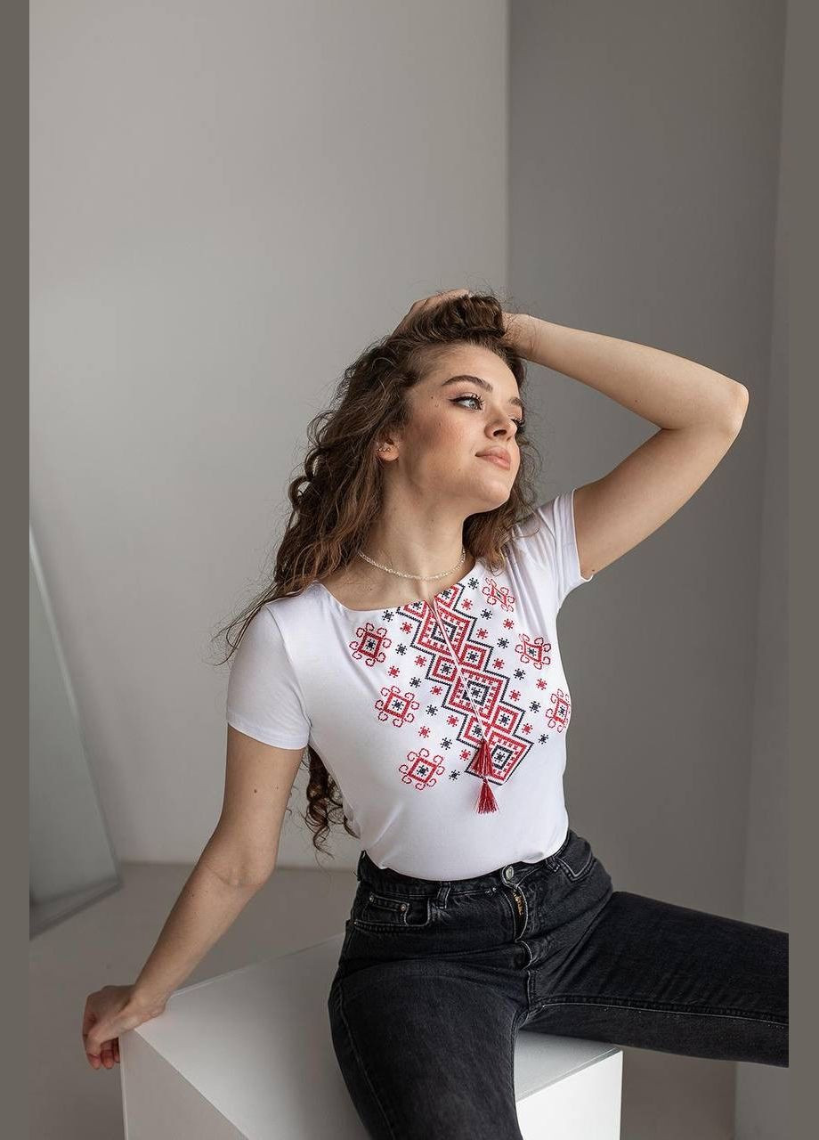 Футболка вишиванка Карпатський орнамент біла з червоним MEREZHKA — 303727495