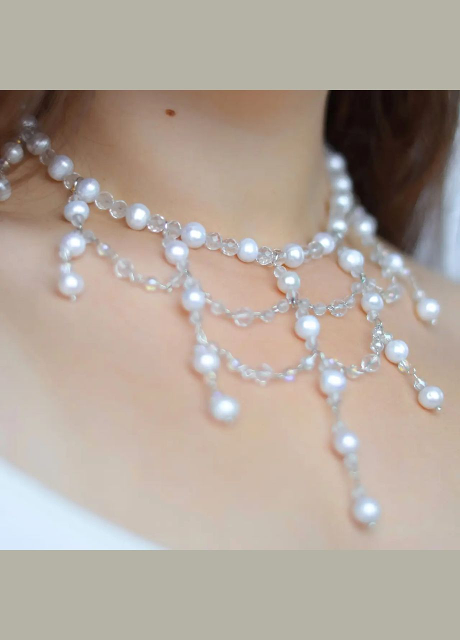 Чокер натуральный Жемчуг+Горный Хрусталь+Сахарный Кварц d-8-4мм+- фур-ра гип-ный сплав цвет серебро L-38-43см No Brand горный хрусталь, кварц, жемчуг (культивированный) латунь серебро (300533059)