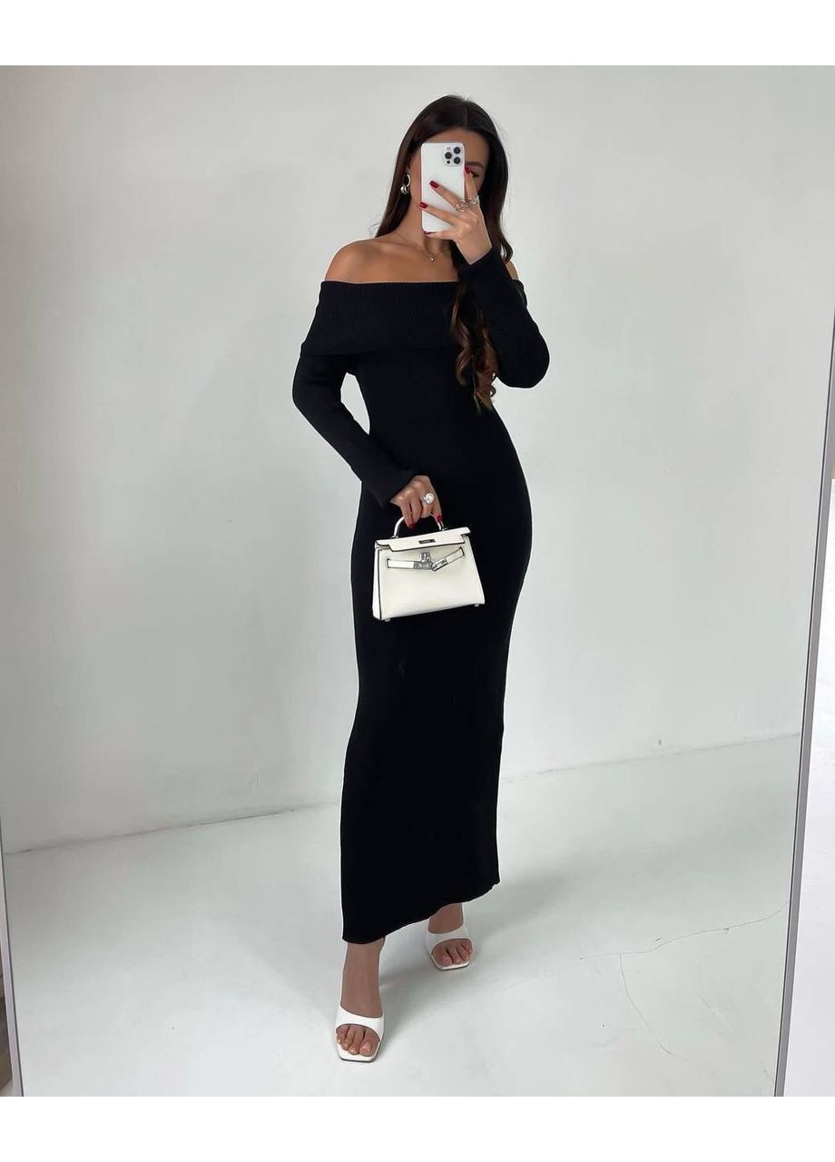 Чорна святковий, коктейльна, повсякденний, вечірня, кежуал жіноча сукня в рубчик з відкритими плечима FINO Mode