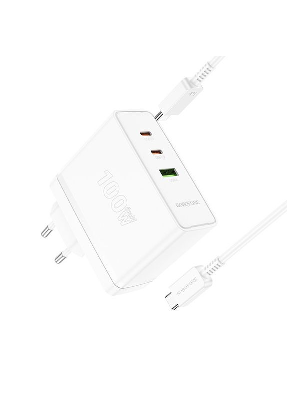 Зарядний пристрій із швидкою зарядкою + кабель Type-C BN11 |USB+2Type-C QC3.0/PD100W| Білий Borofone (337351547)
