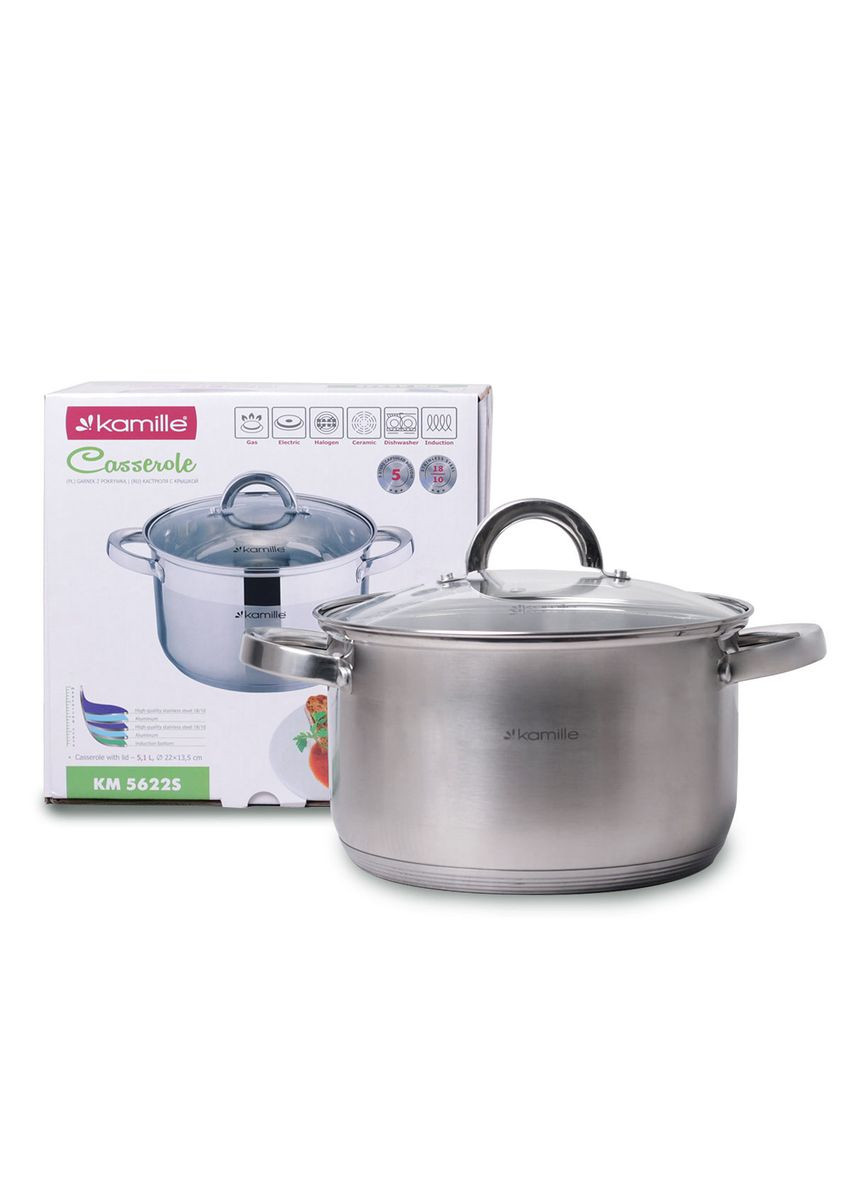 Каструля з кришкою 4.5 л з нержавіючої сталі і порожнистими ручками для індукції і газу KM-5622S Kamille (371898404)