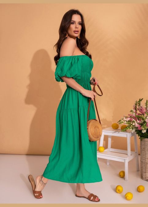 Зелена лляна сукня з рукавами-буфами No Brand однотонна