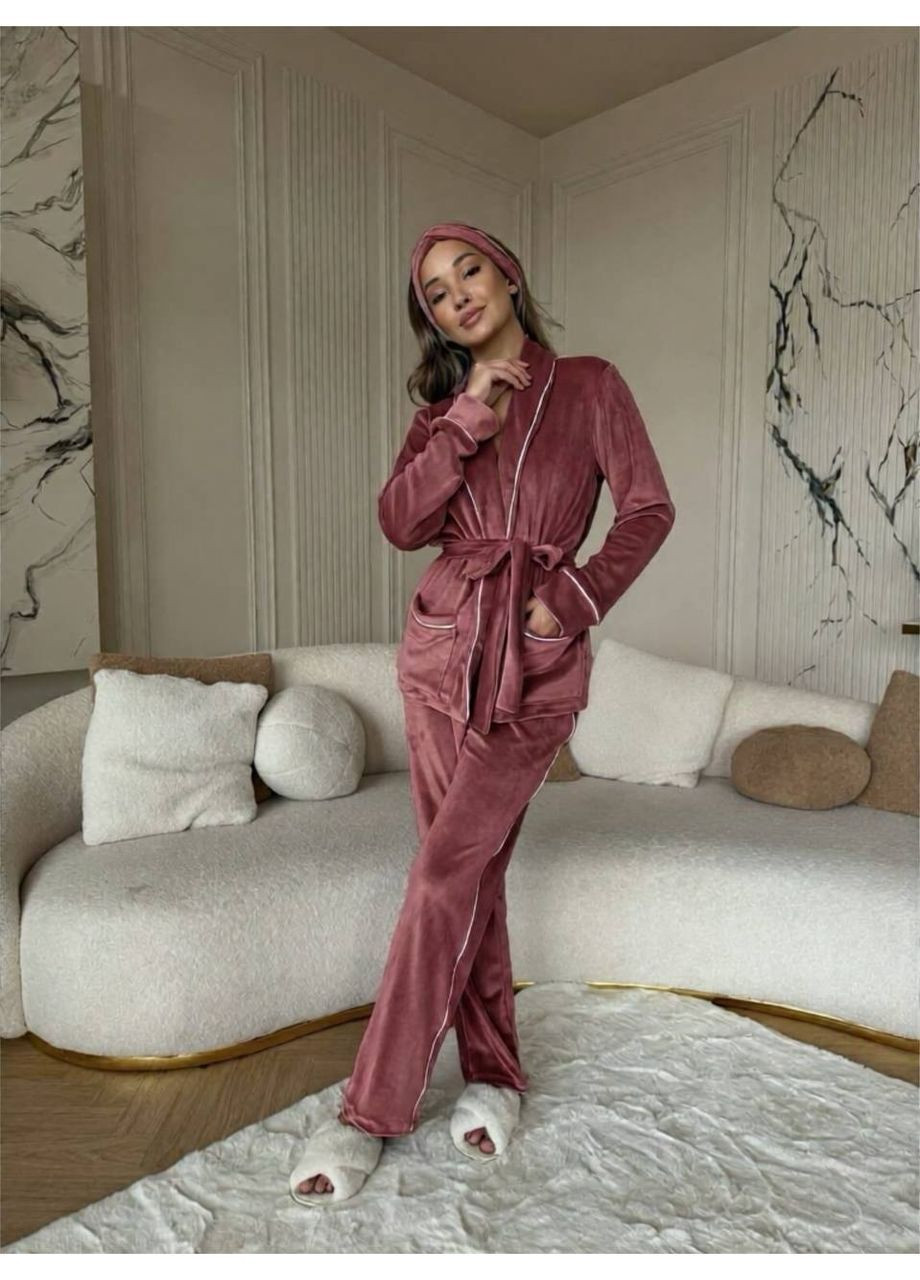 Рожево-коричнева зимня жіноча піжама з повʼязкою туніка + штани No Brand