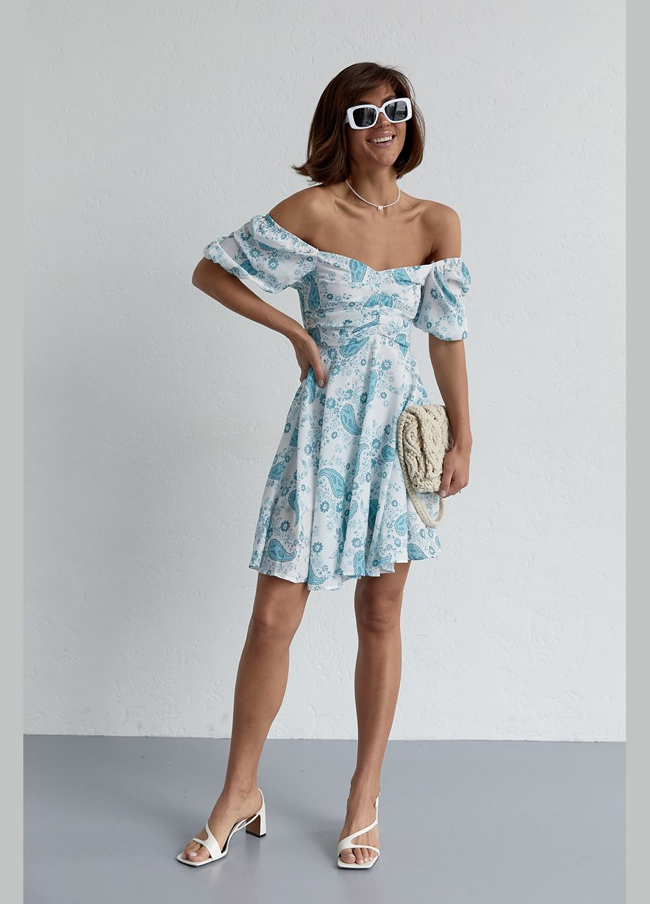 Бірюзова повсякденний літня сукня міні з драпіруванням спереду 23128 Lurex з квітковим принтом