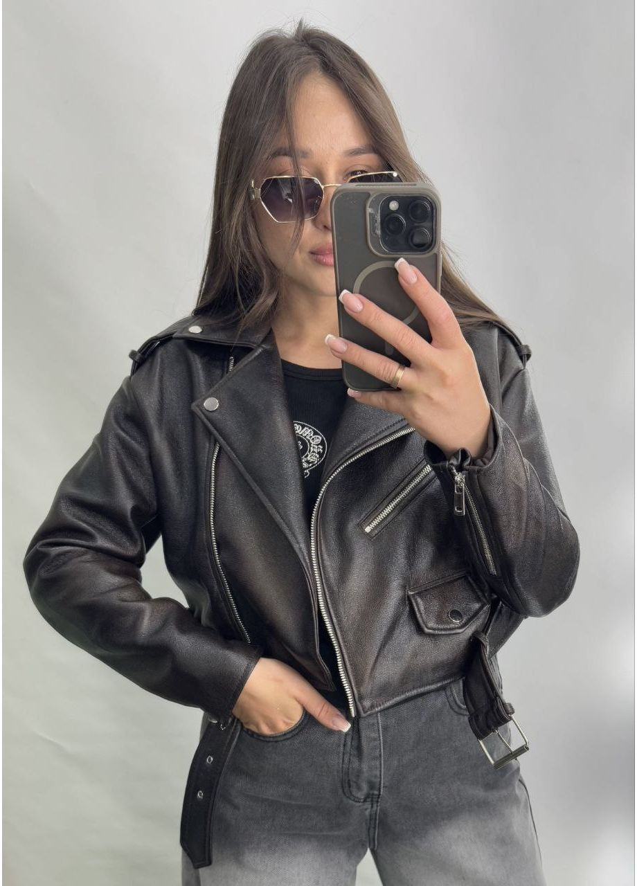 Темно-коричневая демисезонная куртка косуха искусственная кожа на подкладке Україна